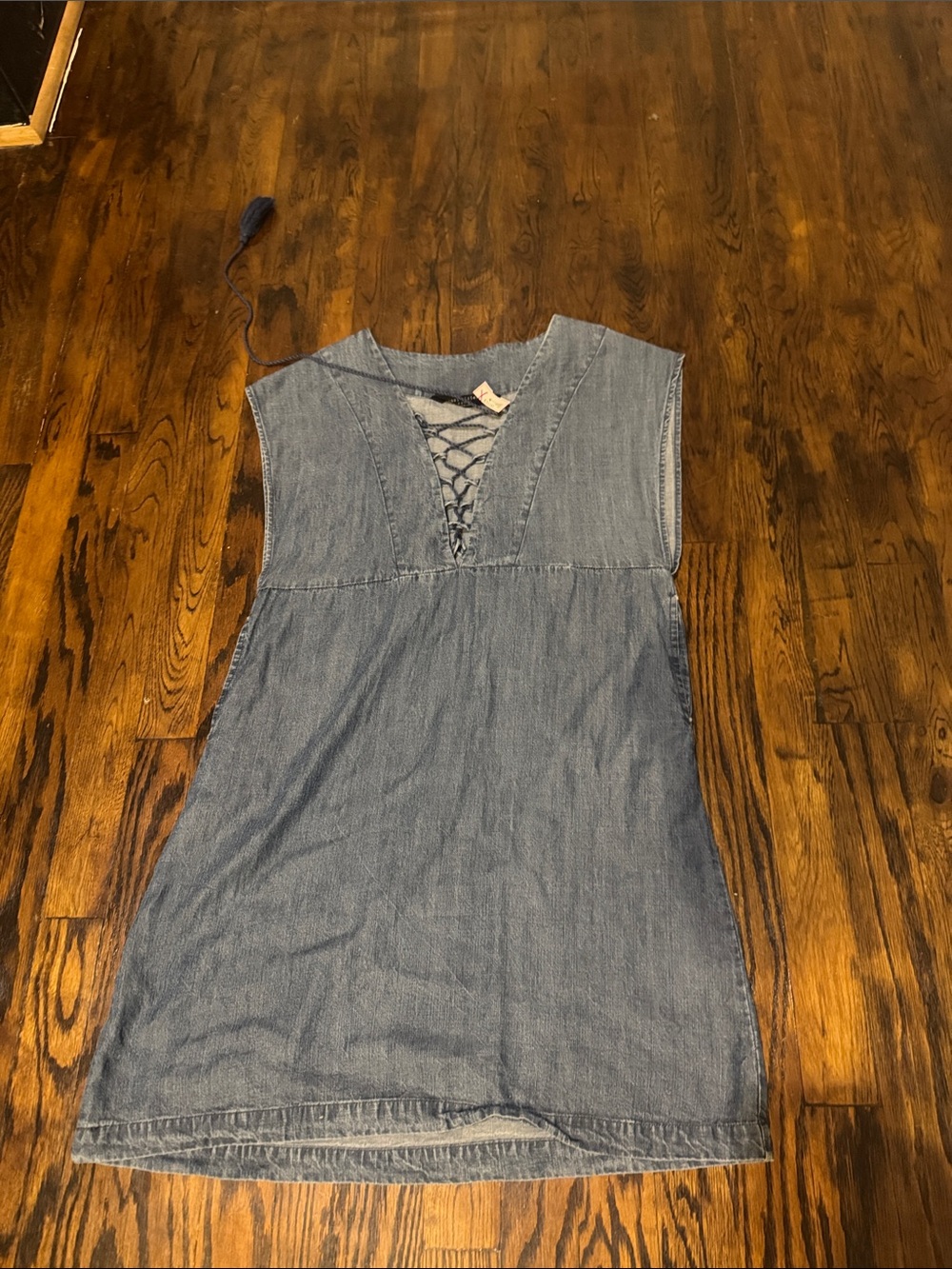 knot sisters Denim Lace-Up V-Neck Sleeveless Tunic - Blue